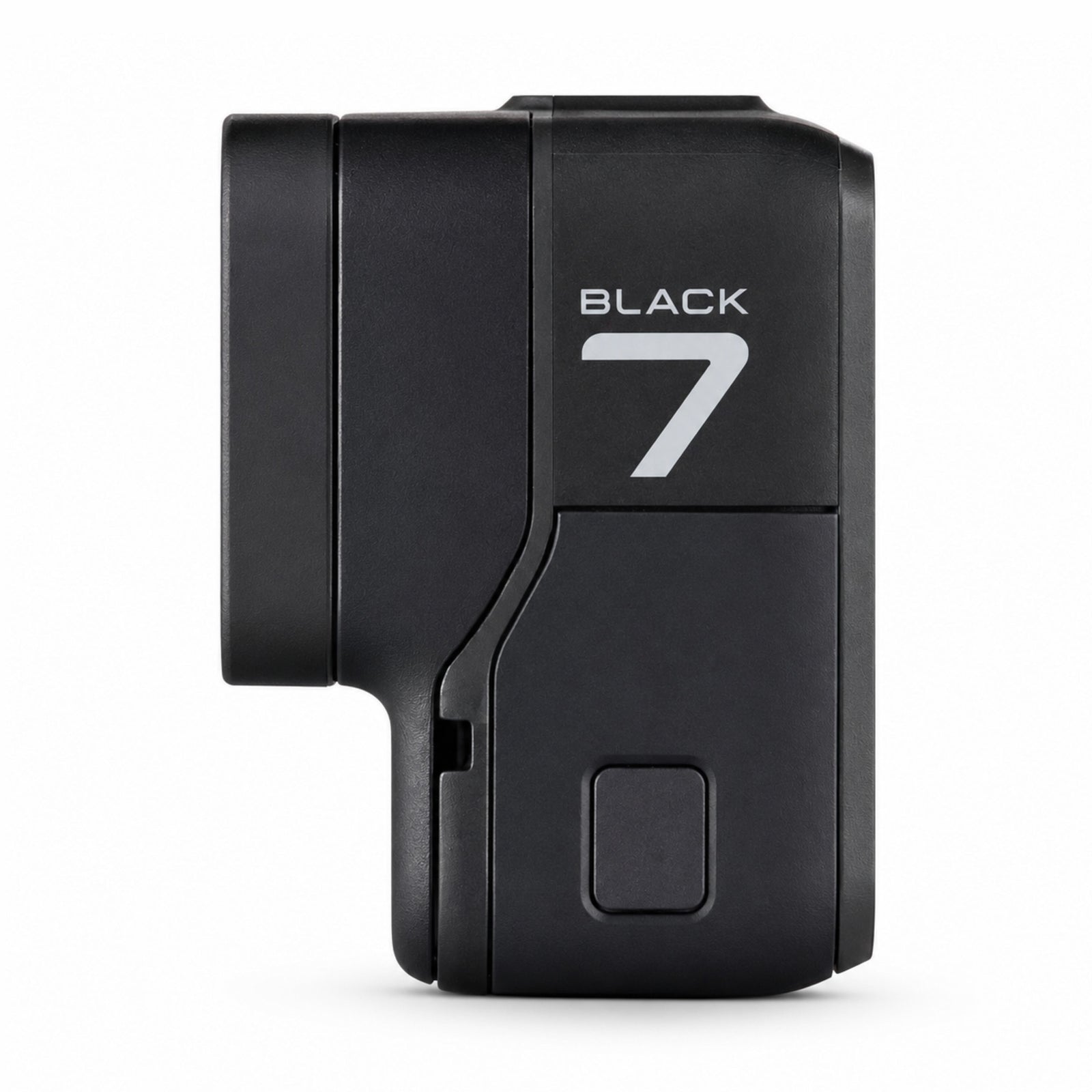 GoPro HERO7 Black action camera side profile with matte black textured grip and raised 'BLACK 7' logo by ClubCamera.com