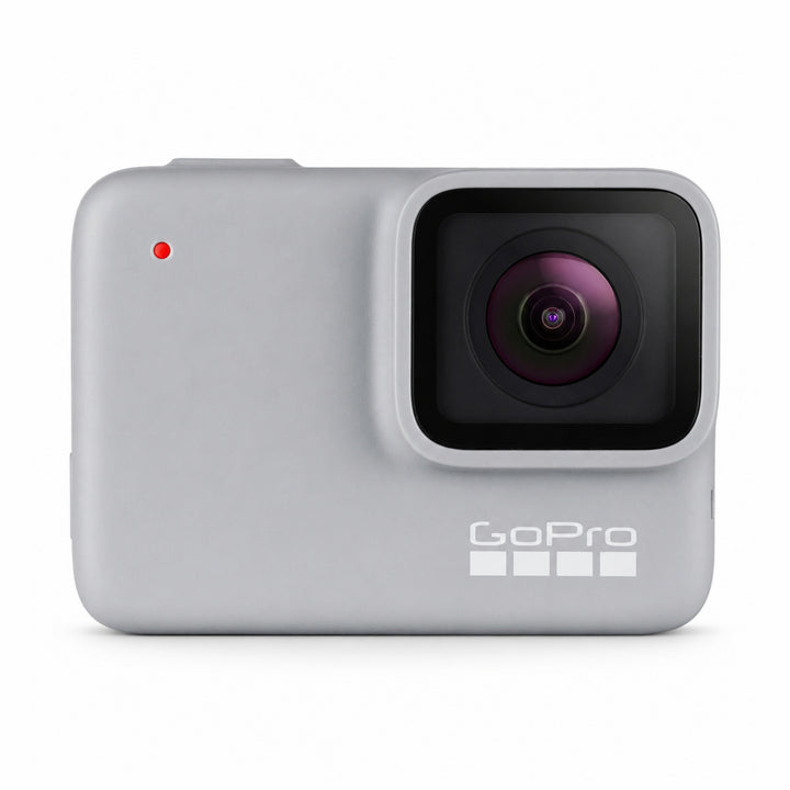 Matte light gray GoPro HERO7 White digital camera angled view showing rugged plastic build from ClubCamera.com