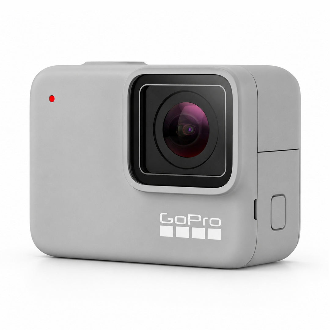 GoPro HERO7 White action camera in matte light gray with purple lens and red LED by ClubCamera.com