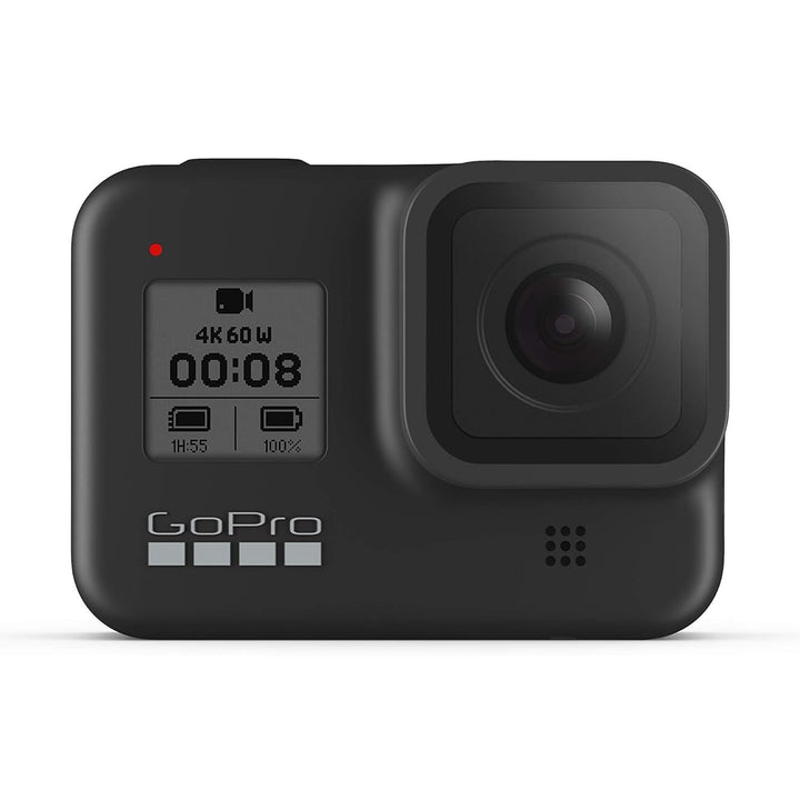 Front view of GoPro HERO8 Black waterproof action camera at ClubCamera.com displaying 4K video mode on rear screen