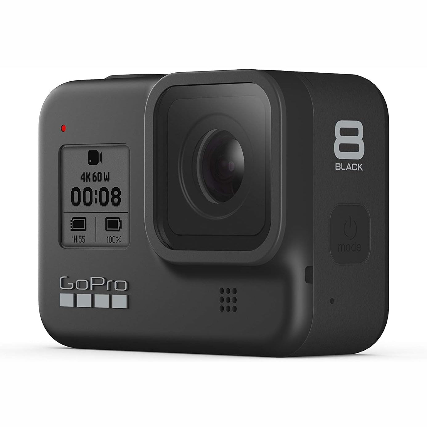 GoPro HERO8 Black action camera by ClubCamera.com showing side profile with textured matte finish and rear LCD screen