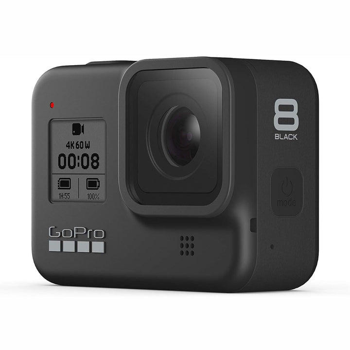 GoPro HERO8 Black action camera by ClubCamera.com showing side profile with textured matte finish and rear LCD screen