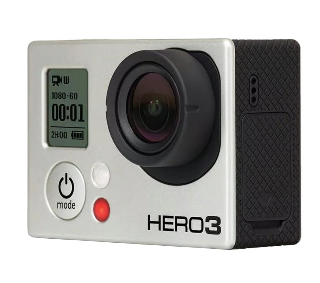 GoPro HERO3 White Edition action camera front view with LCD screen and ClubCamera branding