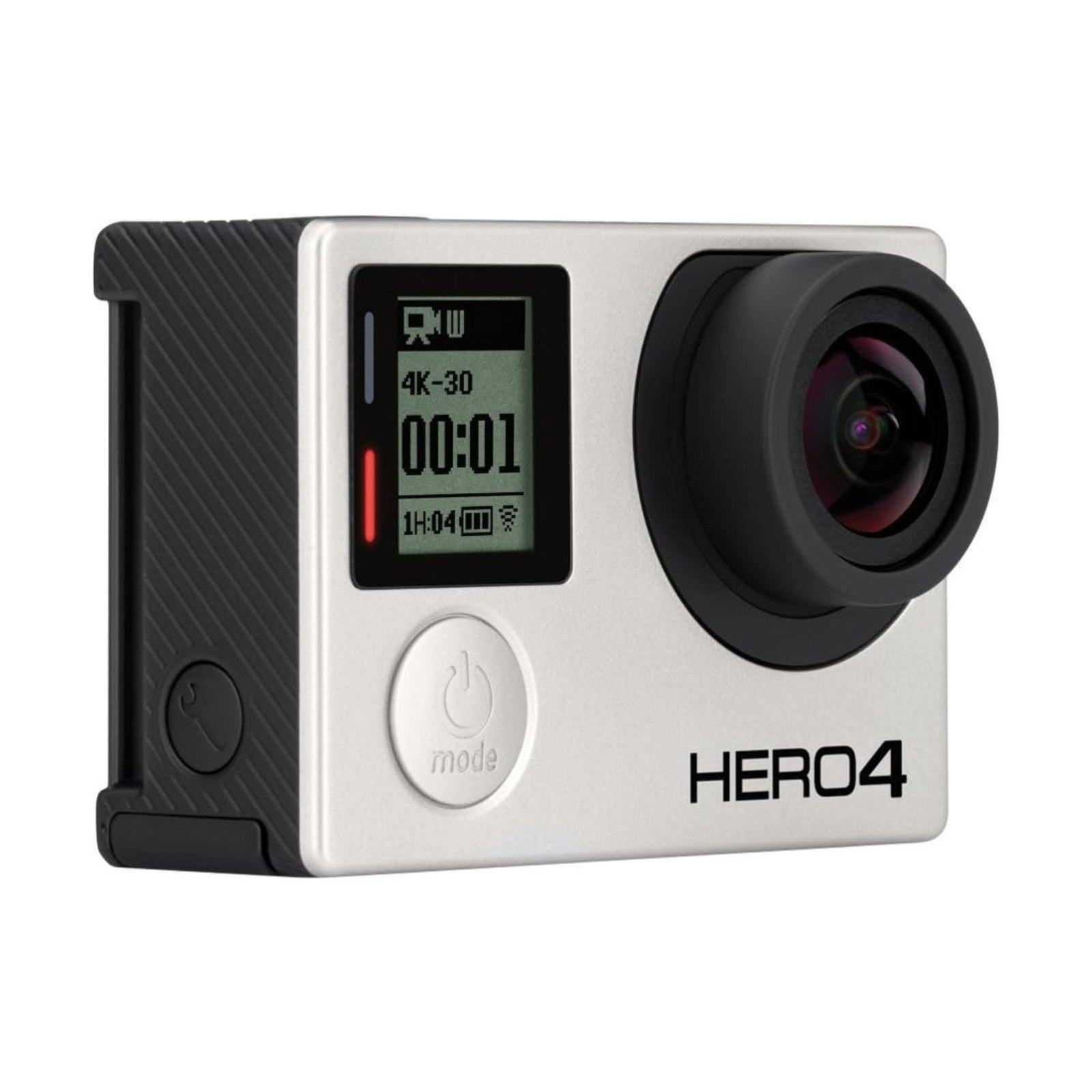 Front GoPro HERO4 Black Edition action camera showing 4K LCD screen, red-tinted lens, and aluminum chassis at ClubCamera.com