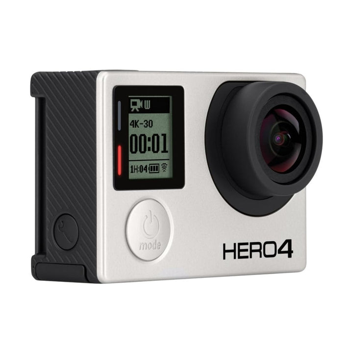 Front GoPro HERO4 Black Edition action camera showing 4K LCD screen, red-tinted lens, and aluminum chassis at ClubCamera.com