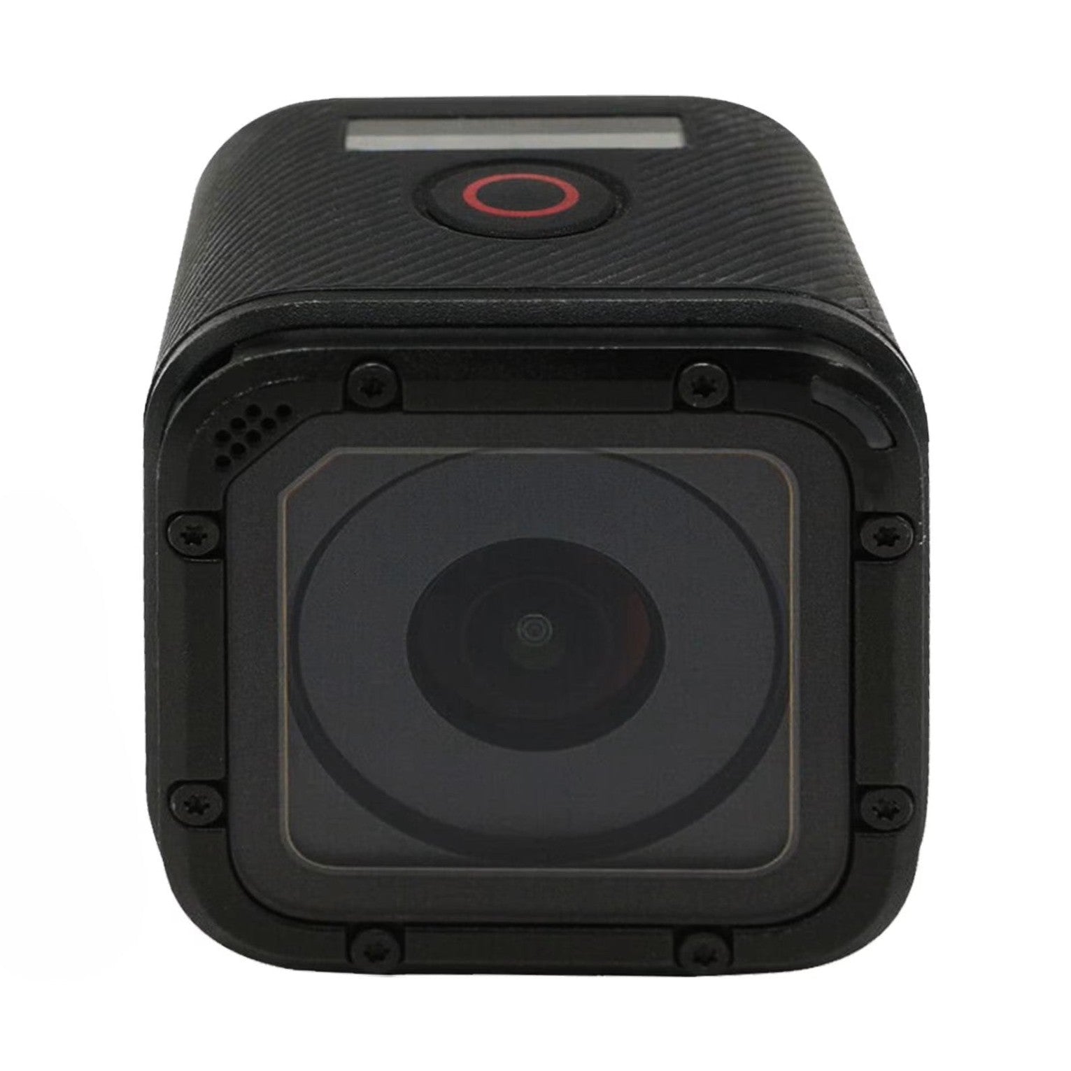 GoPro HERO4 Session direct frontal shot of wide-angle lens with concentric circular elements and status screen at ClubCamera.com