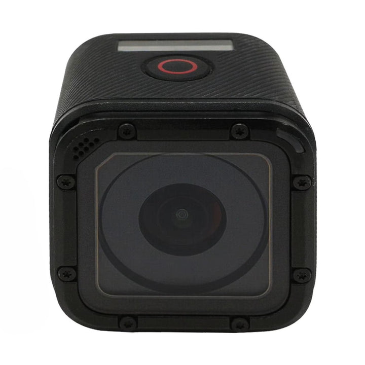 GoPro HERO4 Session direct frontal shot of wide-angle lens with concentric circular elements and status screen at ClubCamera.com
