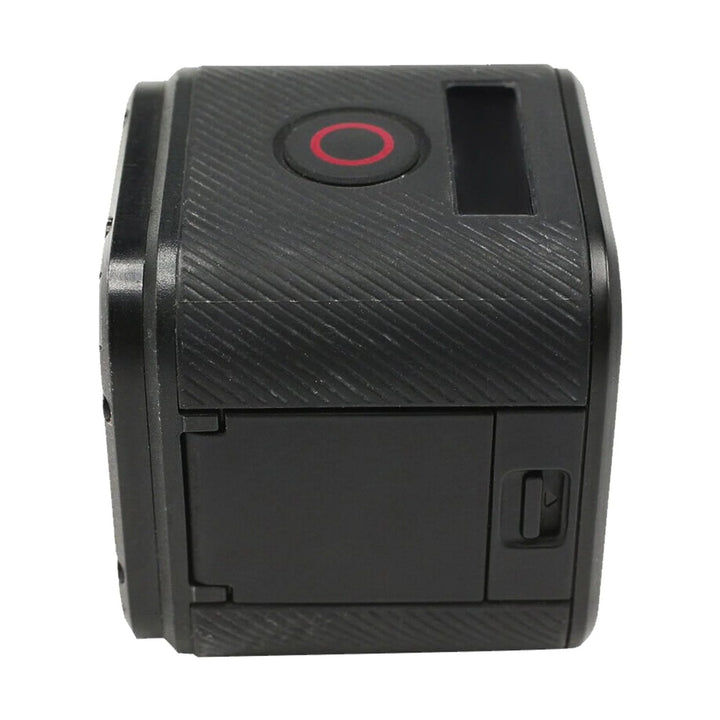 GoPro HERO4 Session black action camera side profile with textured diagonal ribbed grip and red-ringed power button at ClubCamera.com