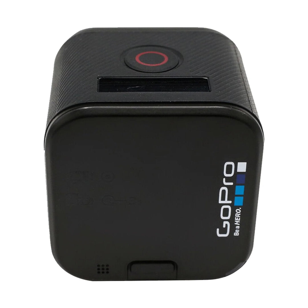 GoPro HERO4 Session rear view showing white GoPro logo and Be a HERO tagline on matte black cube body at ClubCamera.com