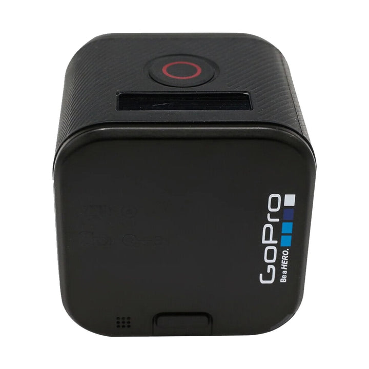 GoPro HERO4 Session rear view showing white GoPro logo and Be a HERO tagline on matte black cube body at ClubCamera.com