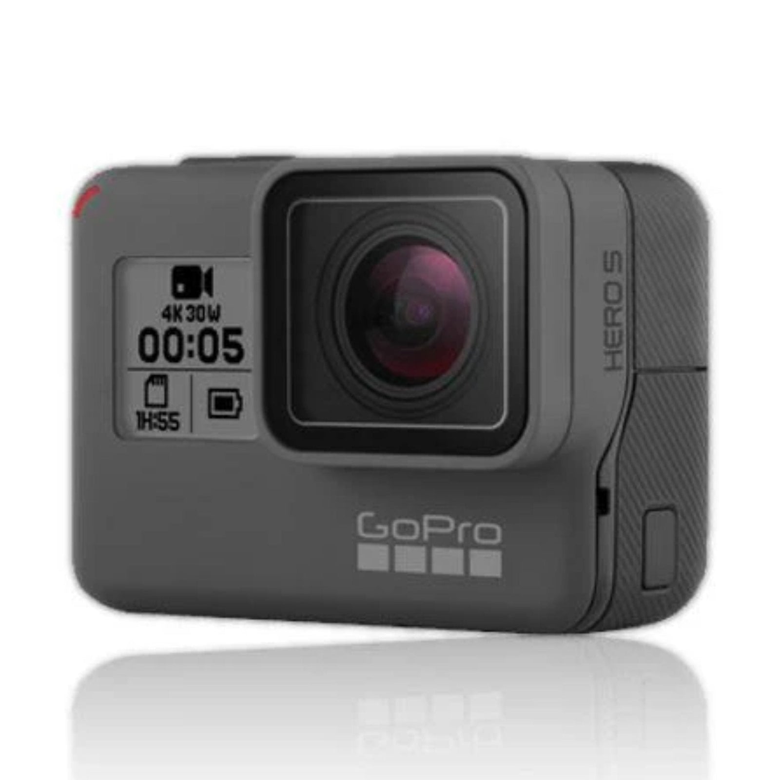 Side profile of matte dark gray GoPro HERO5 action camera with textured grip and HERO 5 branding at ClubCamera.com