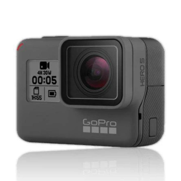 Side profile of matte dark gray GoPro HERO5 action camera with textured grip and HERO 5 branding at ClubCamera.com