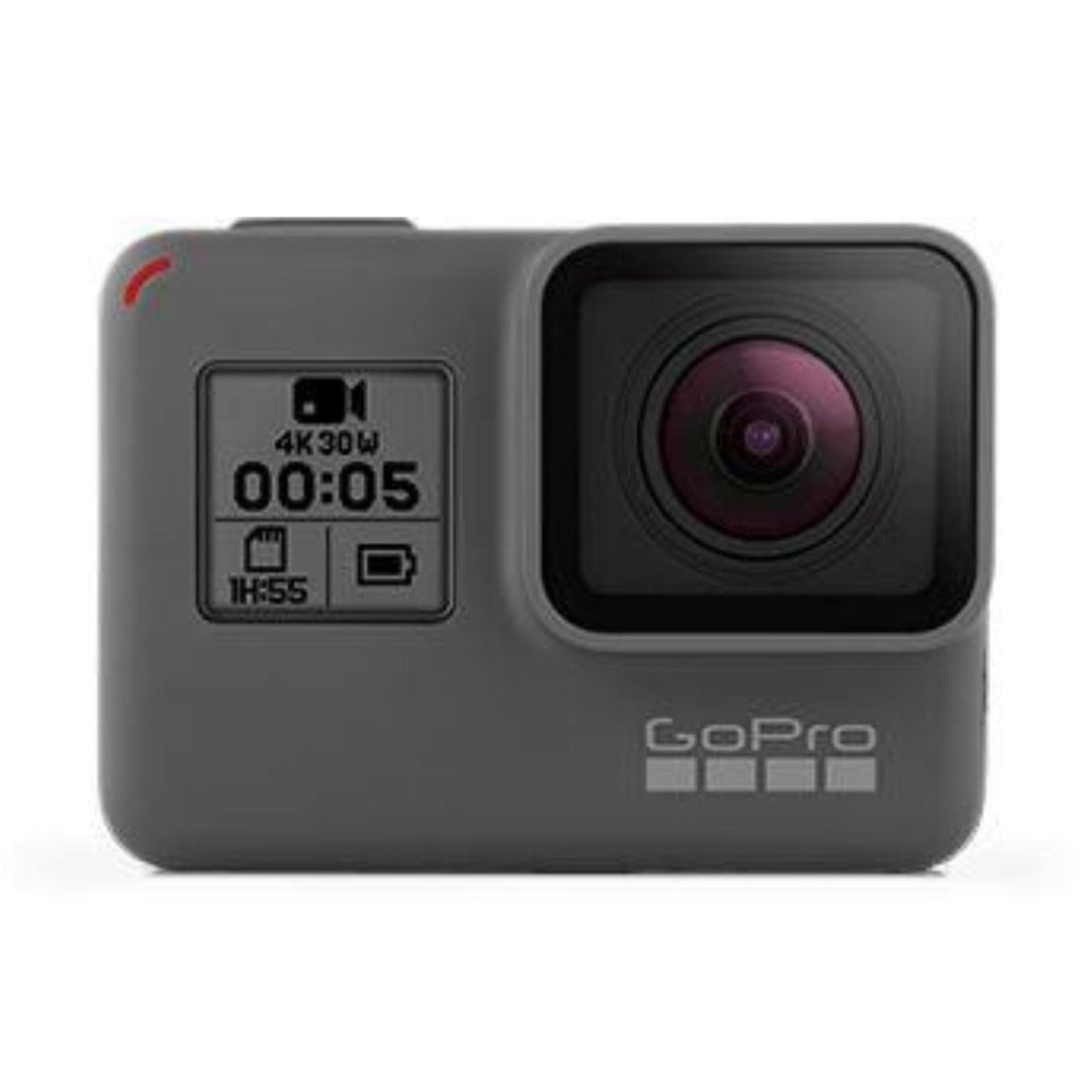 Front view of GoPro HERO5 Black digital camera displaying 4K 30W recording stats on front screen at ClubCamera.com