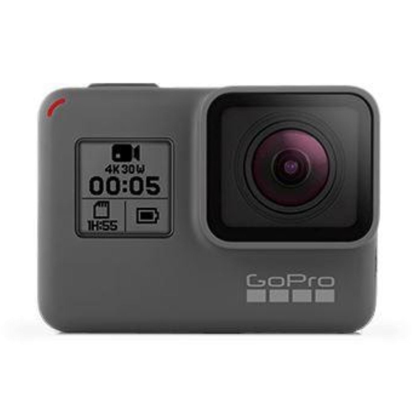 Front view of GoPro HERO5 Black digital camera displaying 4K 30W recording stats on front screen at ClubCamera.com