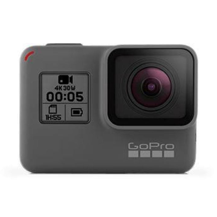 Front view of GoPro HERO5 Black digital camera displaying 4K 30W recording stats on front screen at ClubCamera.com