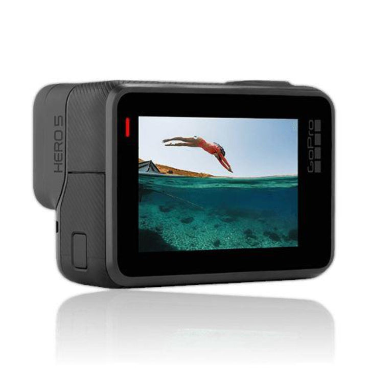 GoPro HERO5 Black action camera with rear LCD showing split-level underwater dive photo at ClubCamera.com