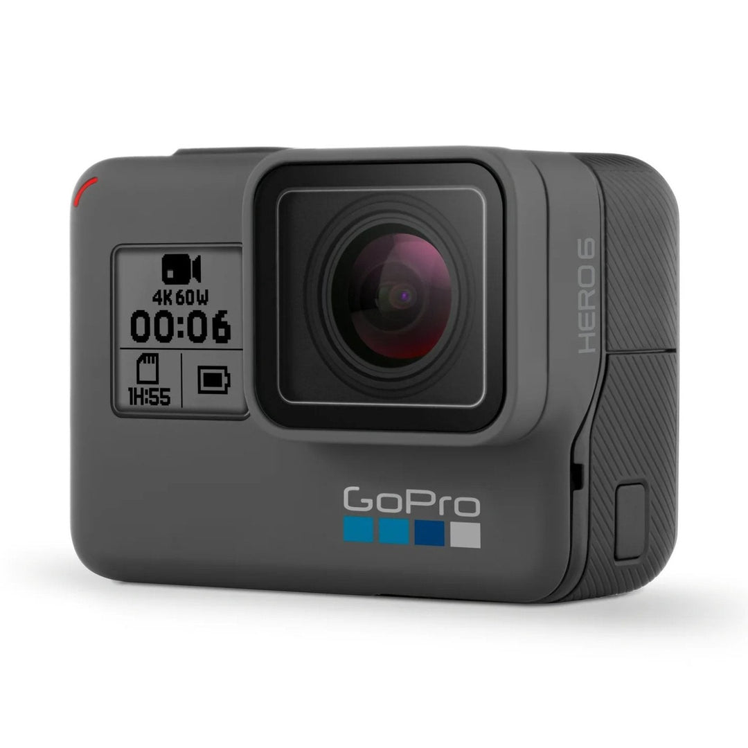 ClubCamera elevated front view of GoPro HERO6 Black highlighting multi-coated lens, battery status display and right-side branding
