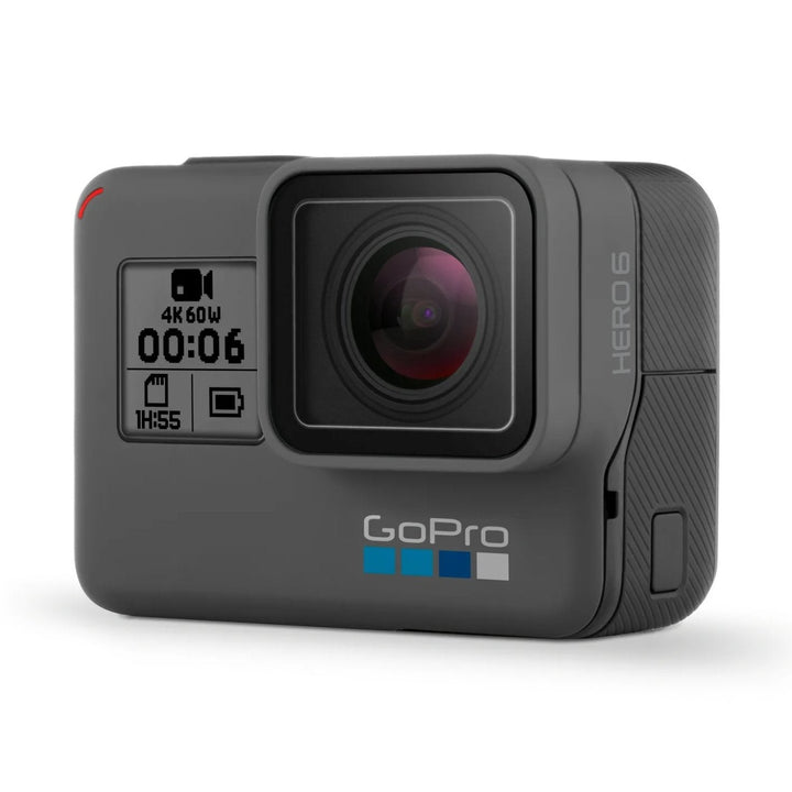 ClubCamera elevated front view of GoPro HERO6 Black highlighting multi-coated lens, battery status display and right-side branding
