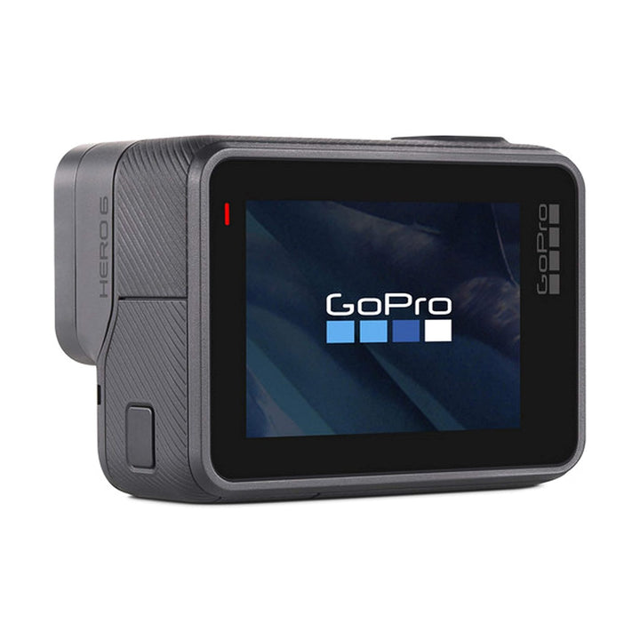 ClubCamera rear three-quarter view of GoPro HERO6 Black displaying blue abstract screen background and side textured grip details