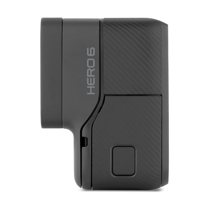 ClubCamera GoPro HERO6 Black side profile showing matte black textured grip with diagonal ribbed pattern and vertical HERO 6 text