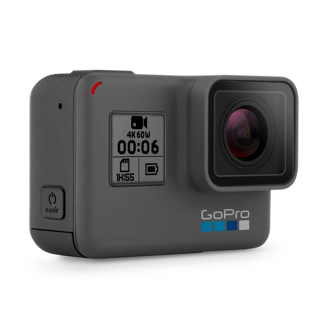 ClubCamera angled shot of GoPro HERO6 Black featuring concentric lens ridges, mode button, and diagonal ribbed side texture