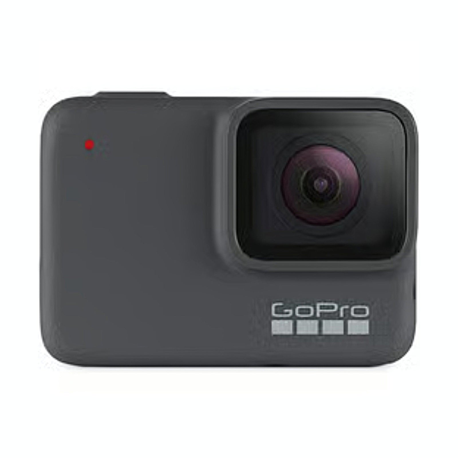 Front view of matte dark gray GoPro HERO7 Silver waterproof camera with purple-tinted lens and red LED indicator from ClubCamera.com