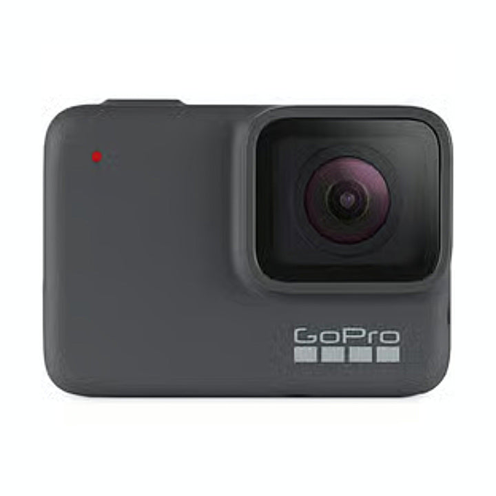 Front view of matte dark gray GoPro HERO7 Silver waterproof camera with purple-tinted lens and red LED indicator from ClubCamera.com