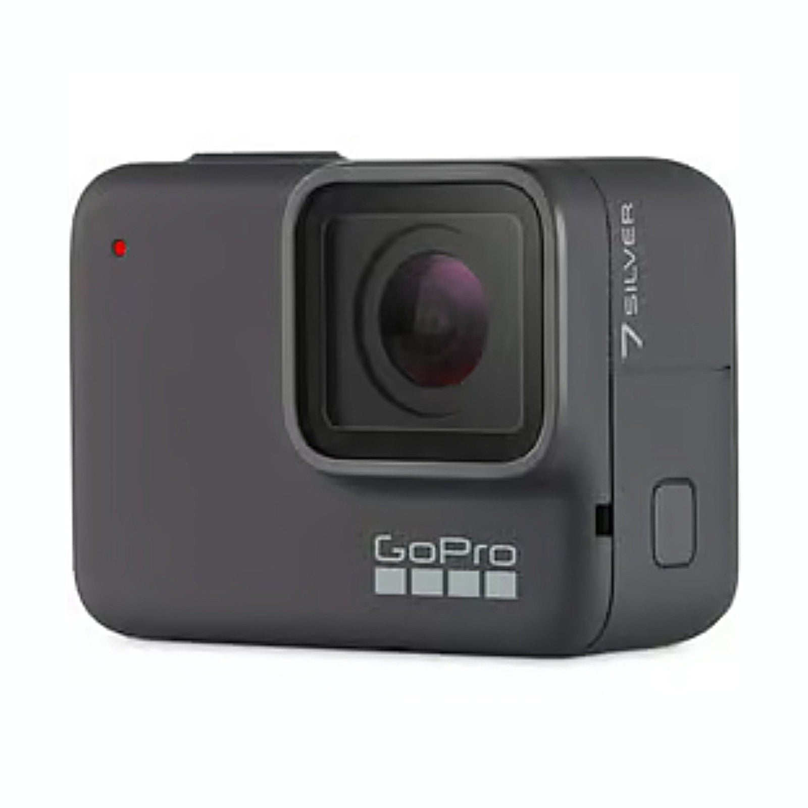 Side profile of rugged GoPro HERO7 Silver digital camera highlighting '7 SILVER' engraving and power button at ClubCamera.com