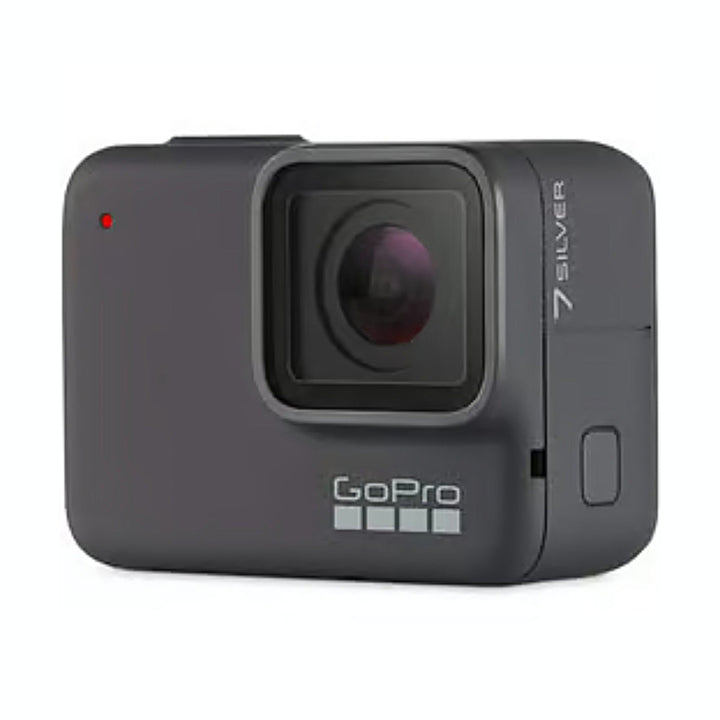 Side profile of rugged GoPro HERO7 Silver digital camera highlighting &