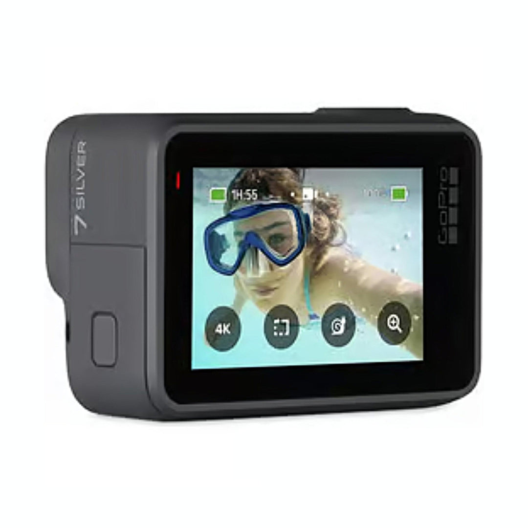 GoPro HERO7 Silver action camera with rear touch screen showing underwater photo and 4K mode icons at ClubCamera.com