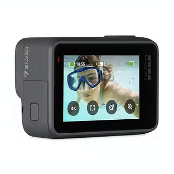 GoPro HERO7 Silver action camera with rear touch screen showing underwater photo and 4K mode icons at ClubCamera.com