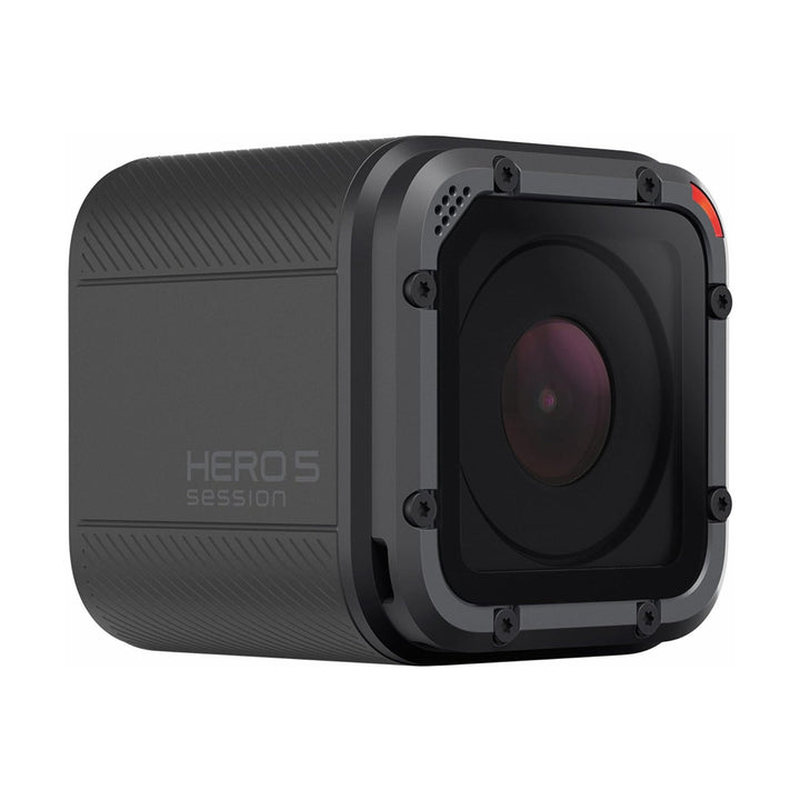 GoPro Hero 5 Session black action camera with textured diagonal grip and purple lens coating at ClubCamera.com