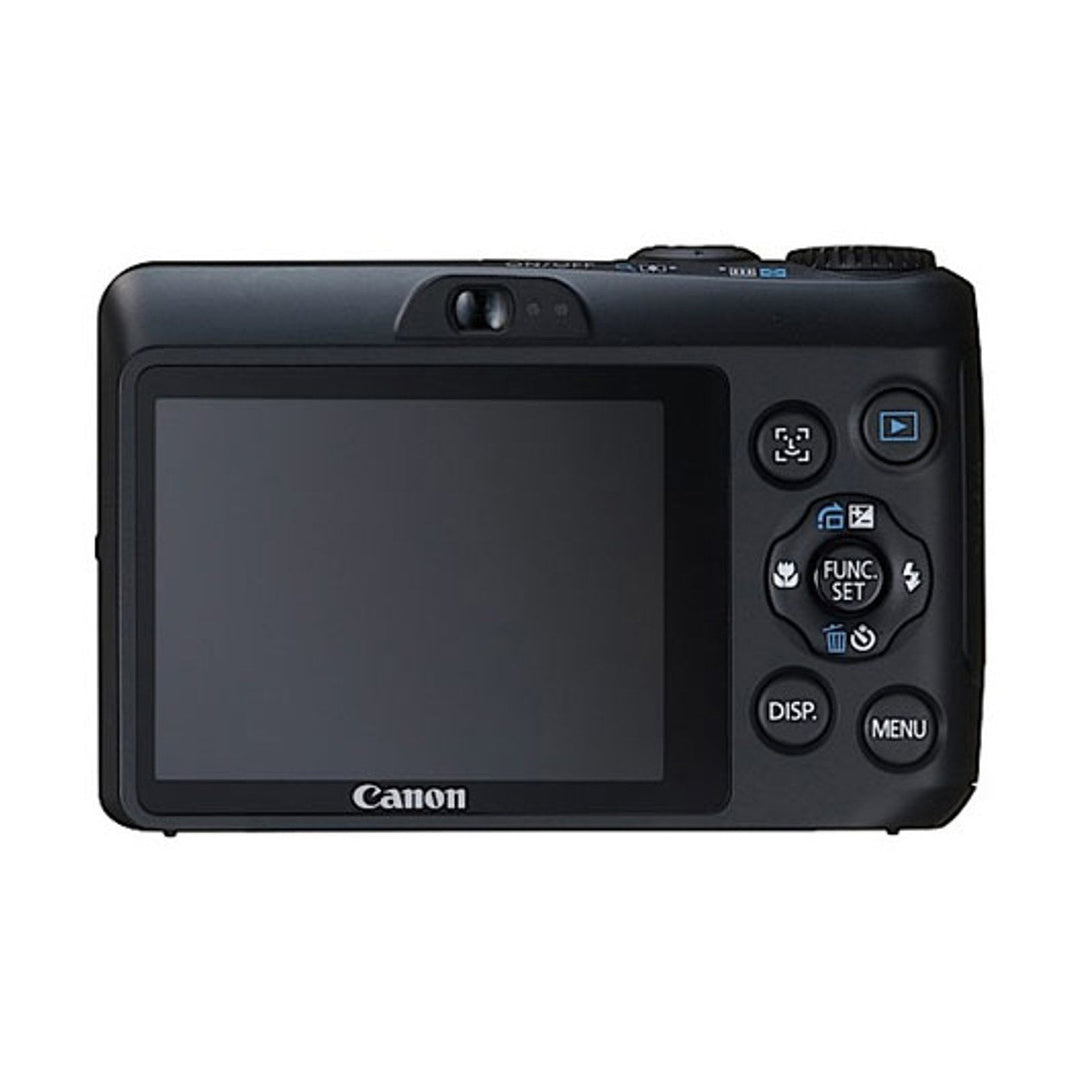 Black Canon PowerShot A1200 digital camera rear view with 2.7 LCD screen and mode dial from ClubCamera.com