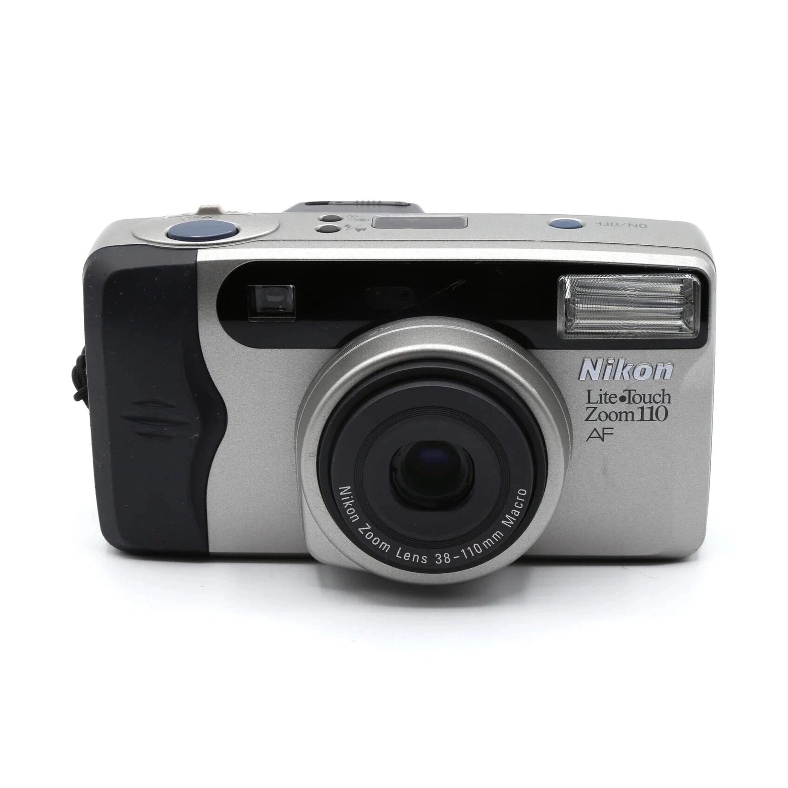 ClubCamera.com front shot of silver Nikon Lite Touch Zoom 110 with 38-110mm macro lens and built-in flash