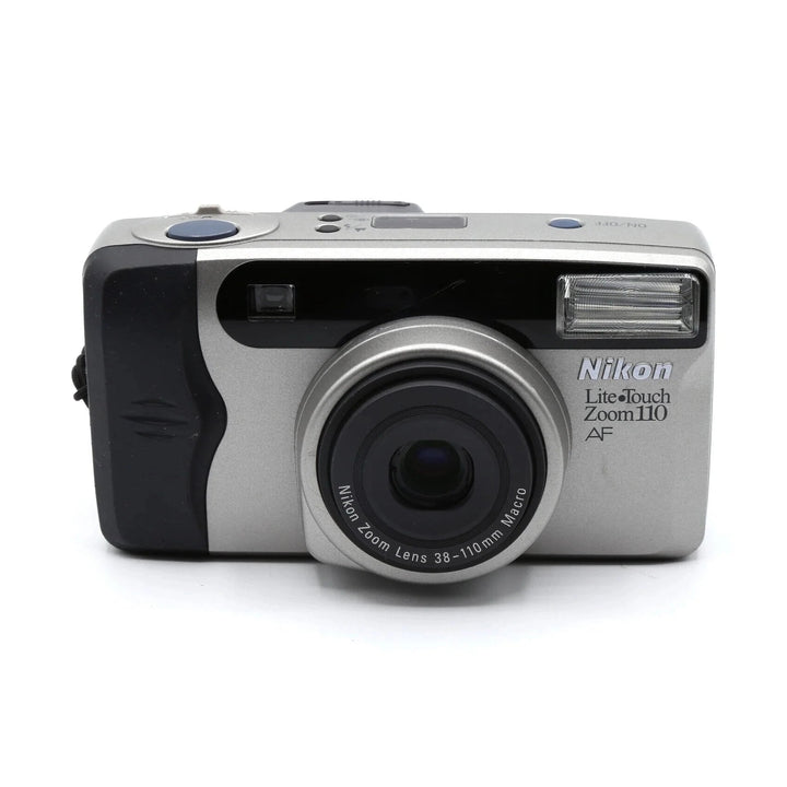 ClubCamera.com front shot of silver Nikon Lite Touch Zoom 110 with 38-110mm macro lens and built-in flash