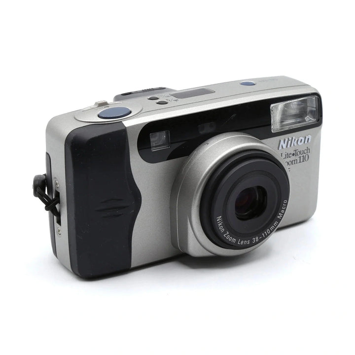 ClubCamera.com slim pocketable Nikon Lite Touch Zoom 110 three-quarter angle with braided wrist strap