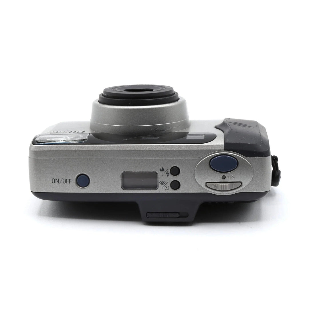 ClubCamera.com Nikon Lite Touch Zoom 110 top view showing zoom dial, LCD display, and blue power button