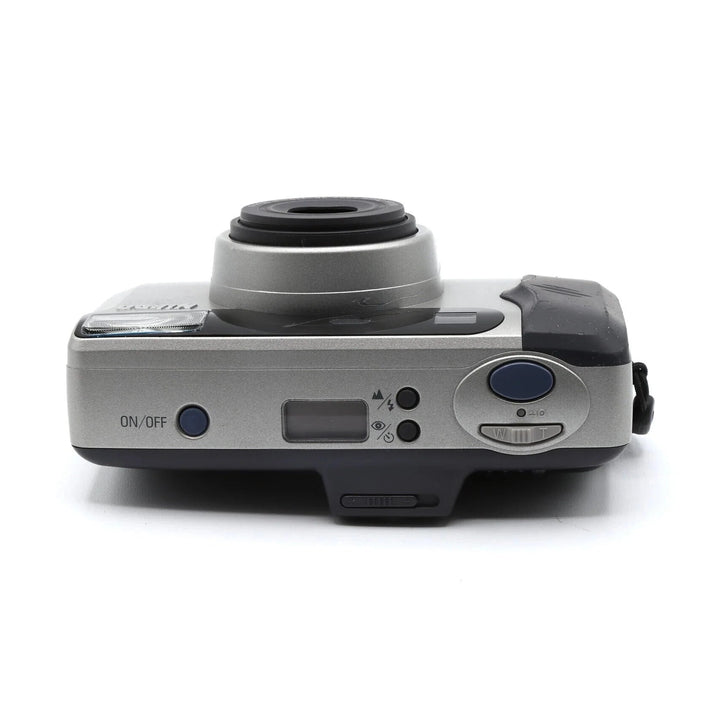 ClubCamera.com Nikon Lite Touch Zoom 110 top view showing zoom dial, LCD display, and blue power button