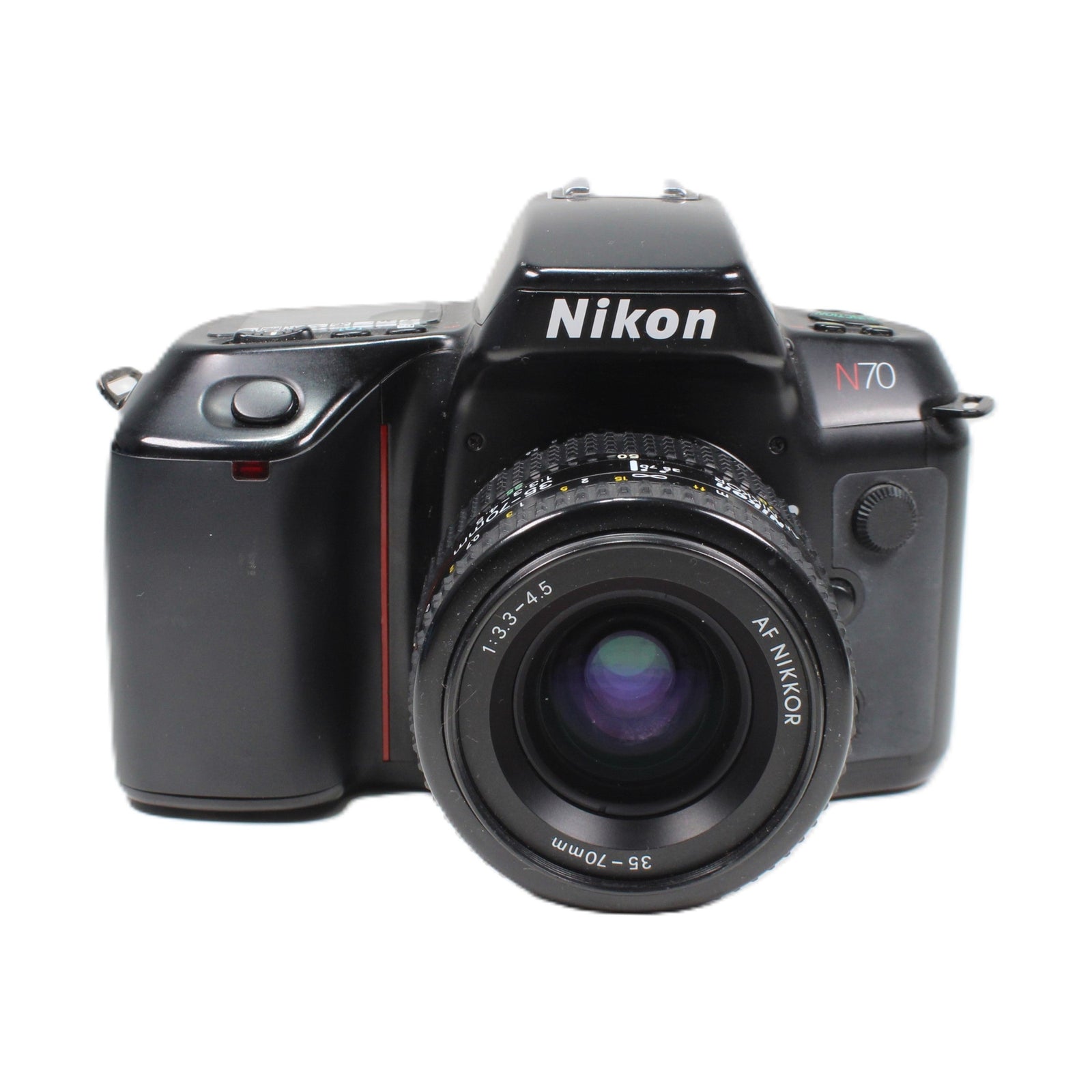 Front view of black Nikon N70 35mm film camera with purple coated AF Nikkor lens and red body stripe at ClubCamera.com
