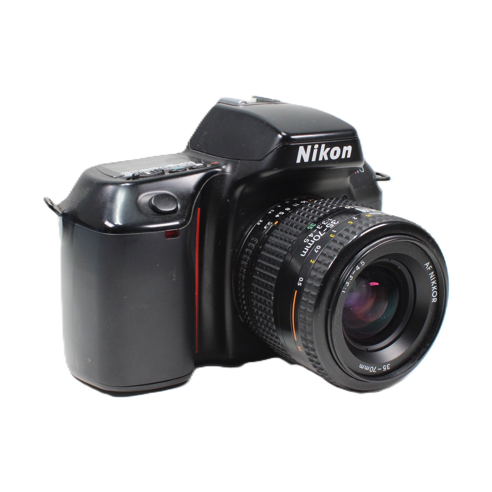 Black Nikon N70 SLR camera with red accent stripe and AF Nikkor 35-70mm lens at ClubCamera.com highlighting ribbed rubberized focus ring