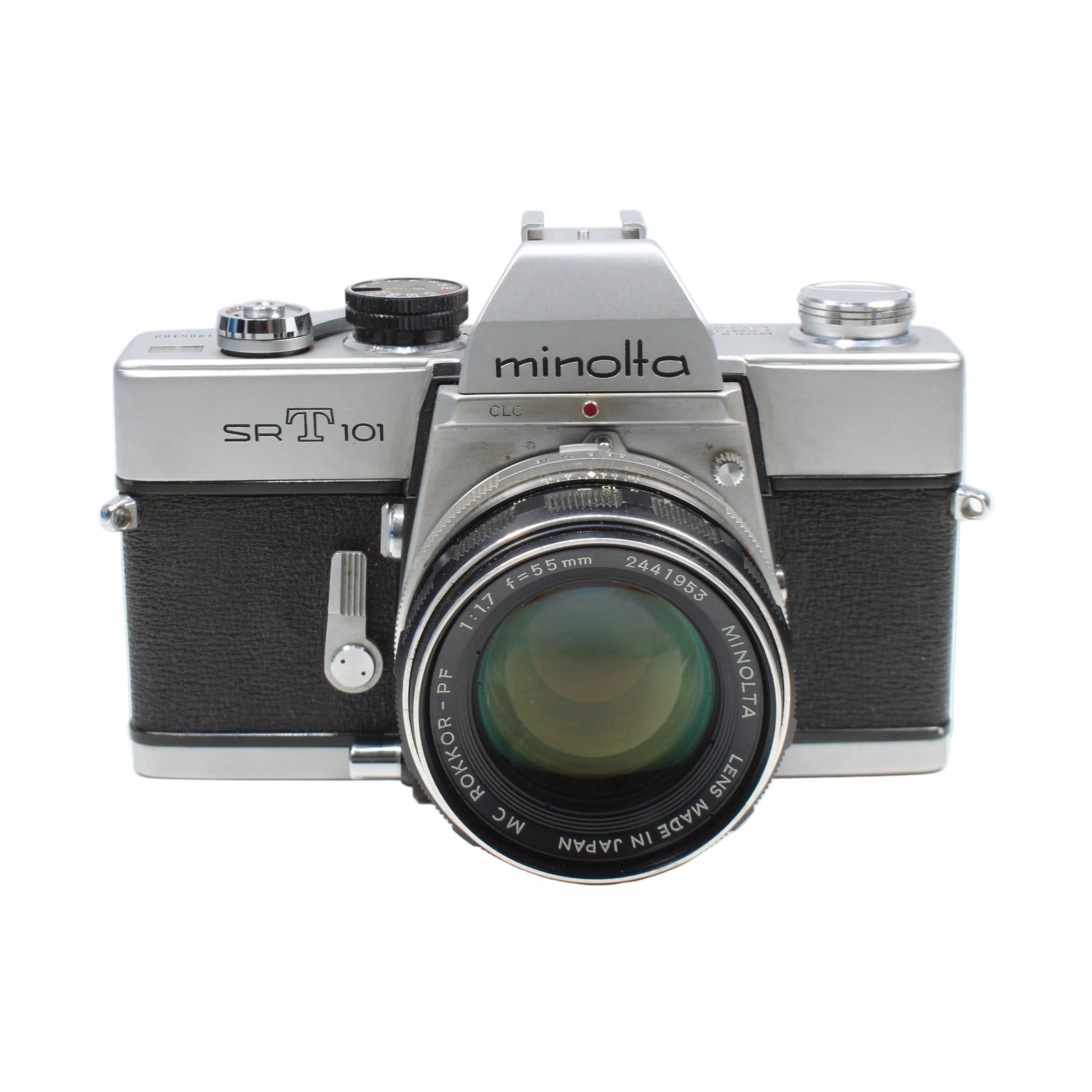 ClubCamera centered Minolta SRT-101 35mm SLR with chrome trim and MC Minolta lens details