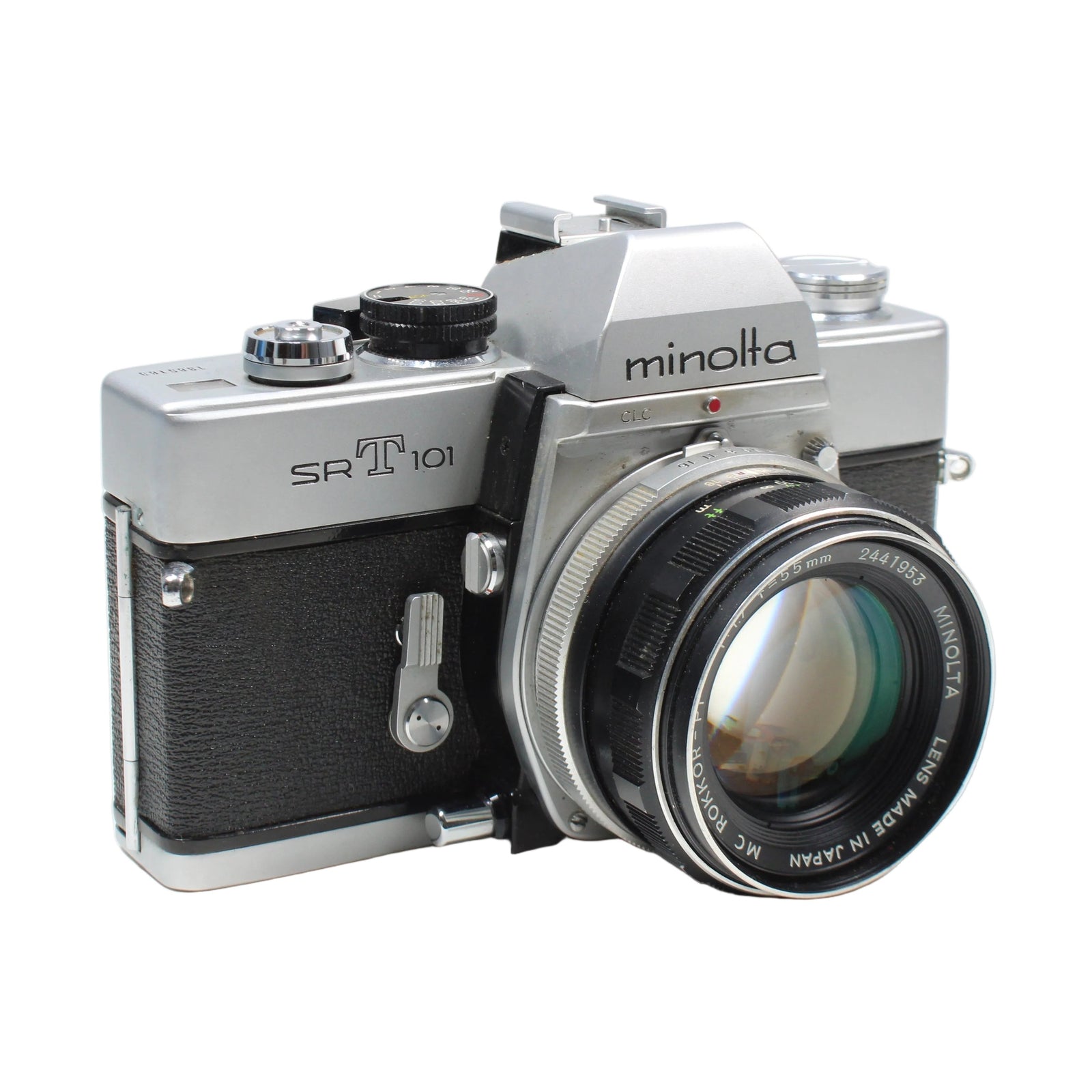 ClubCamera side-angle Minolta SRT-101 classic SLR highlighting leatherette body and CLC system