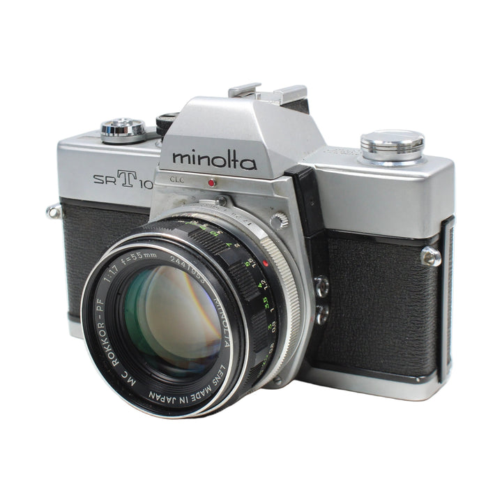 ClubCamera front angle Minolta SRT-101 film camera with CLC metering and engraved Rokkor-PF lens