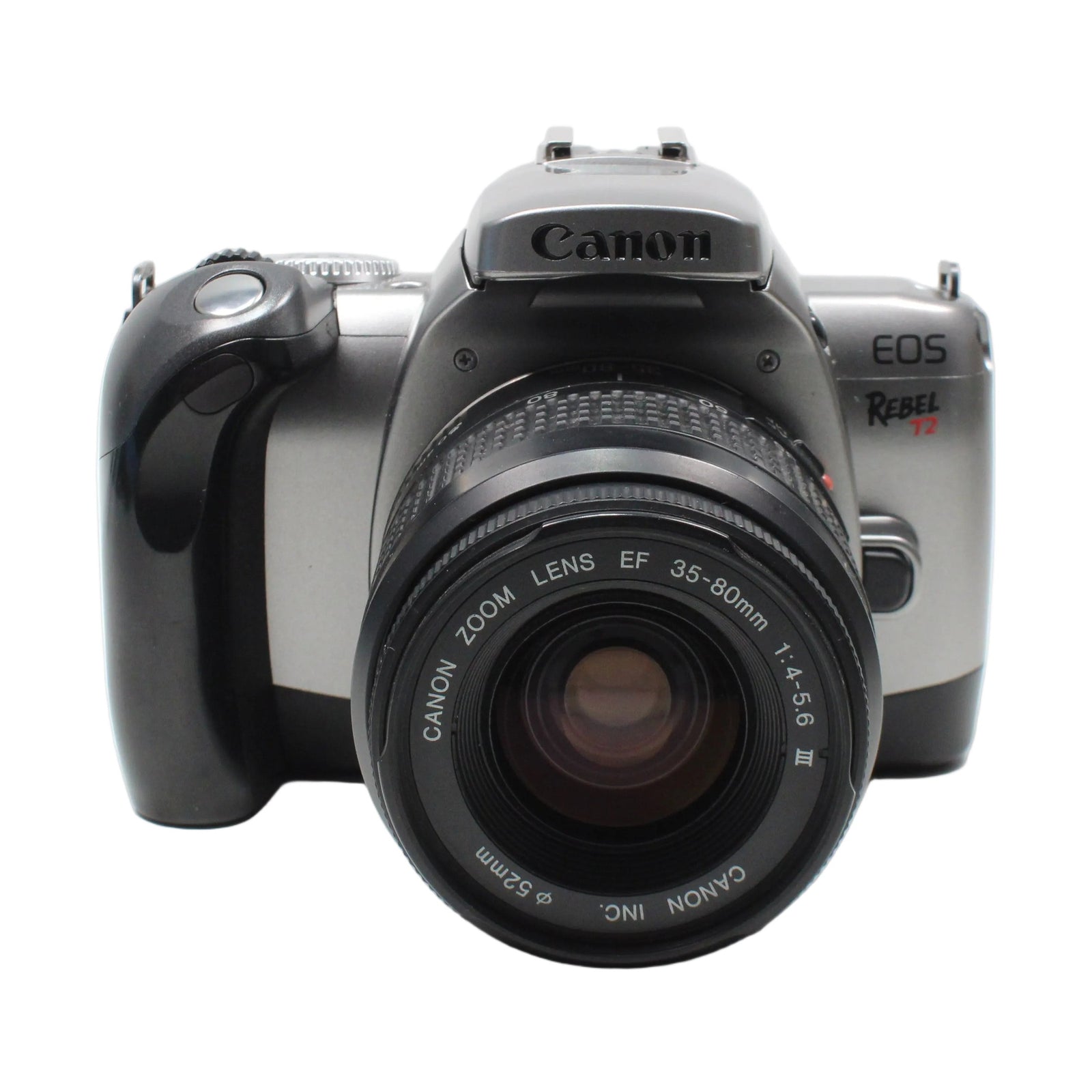 Front view of silver Canon Rebel T2 SLR with black EF 35-80mm zoom lens at ClubCamera.com