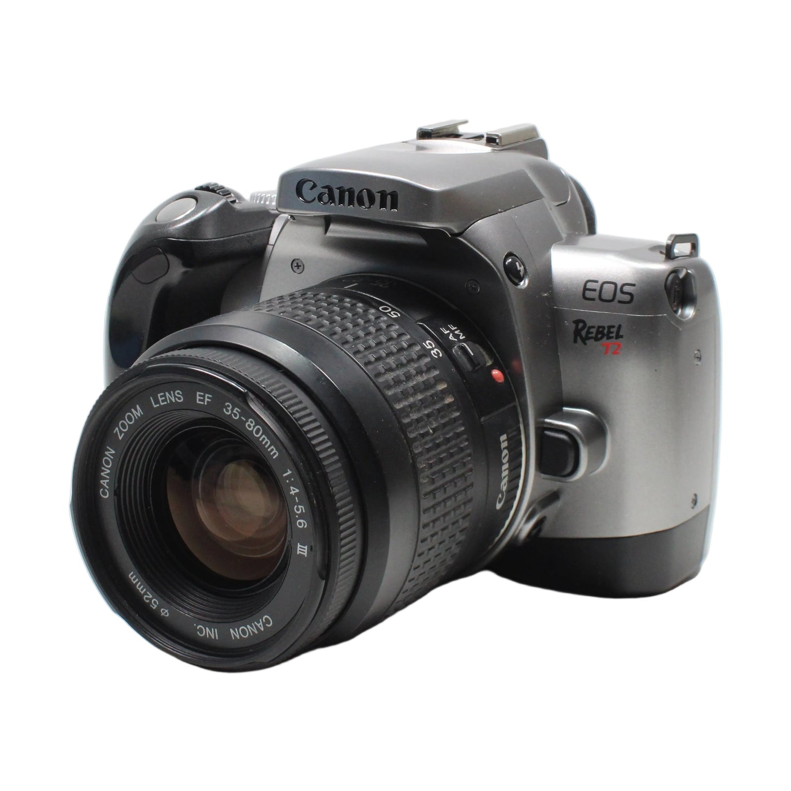 Canon EOS Rebel T2 front angle showing Canon logo and EF 35-80mm lens specs from ClubCamera.com
