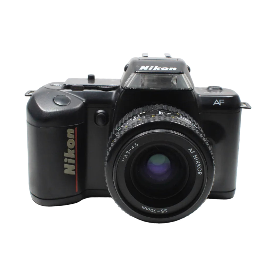 Front shot of raised flash on black Nikon N4004 F-401 35mm SLR with AF Nikkor lens sold by ClubCamera.com