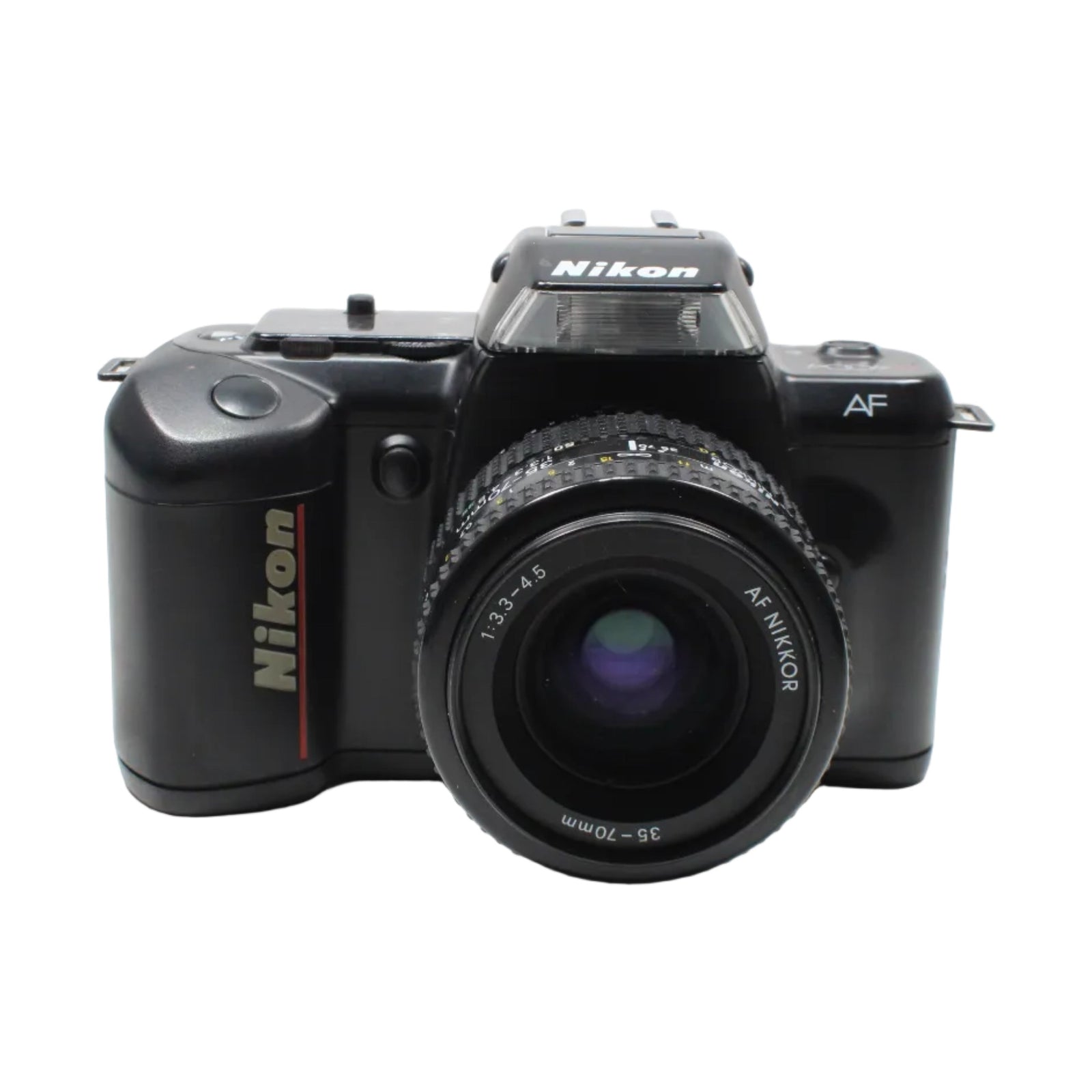 Front shot of raised flash on black Nikon N4004 F-401 35mm SLR with AF Nikkor lens sold by ClubCamera.com