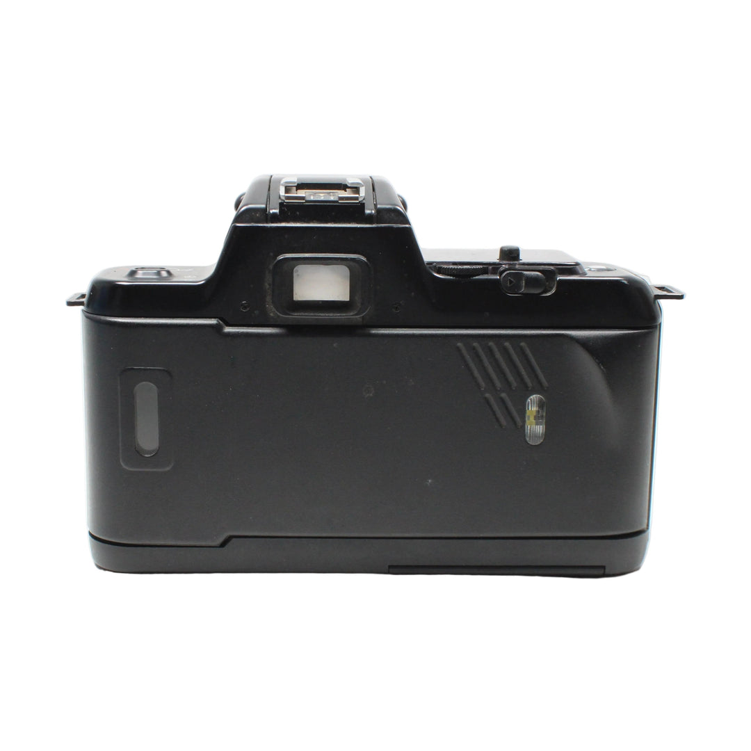 Rear view of black Nikon N4004 SLR body highlighting viewfinder eyepiece and film advance mechanism at ClubCamera.com
