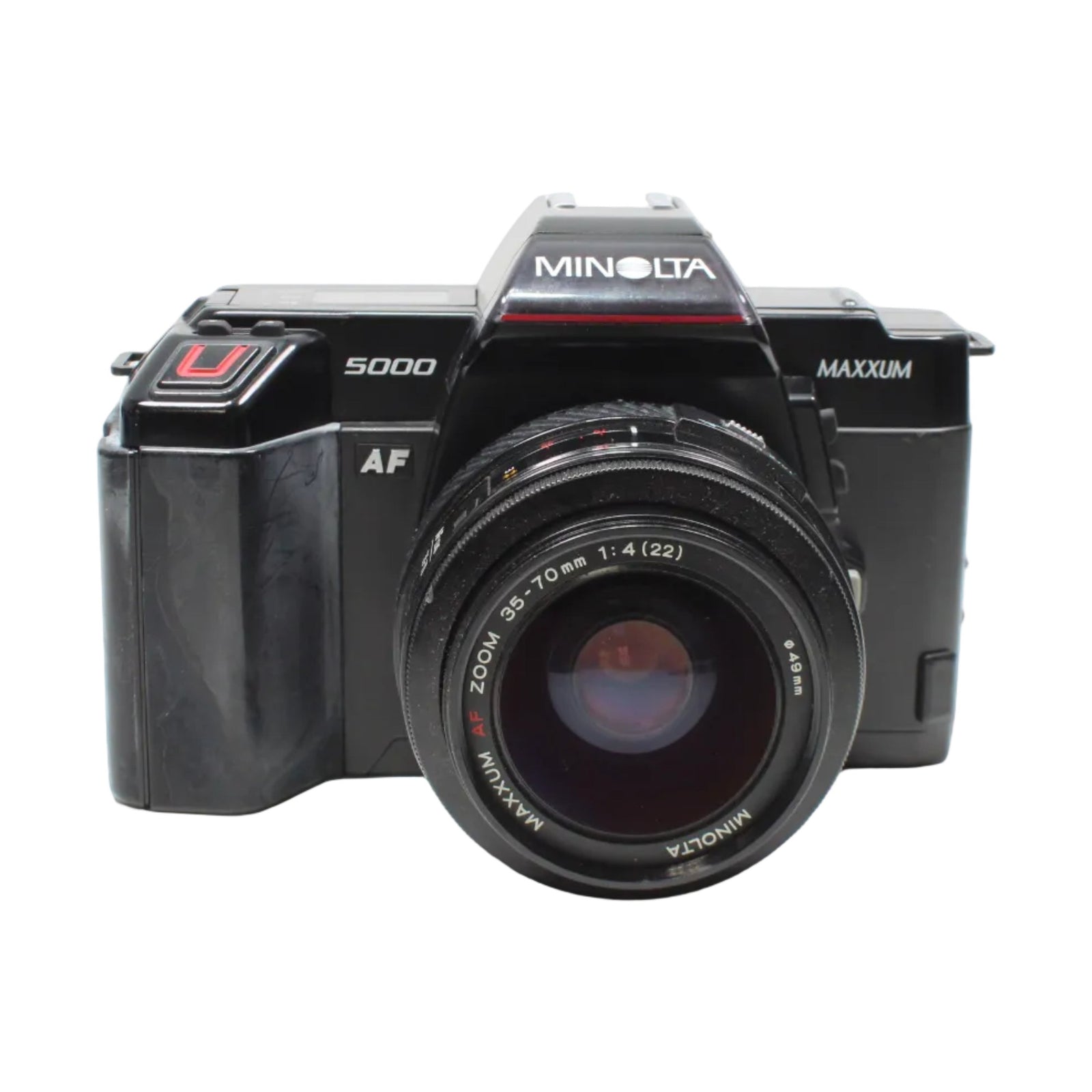 Front shot of classic black Minolta Maxxum 5000 35mm SLR film camera kit with AF zoom lens by ClubCamera.com