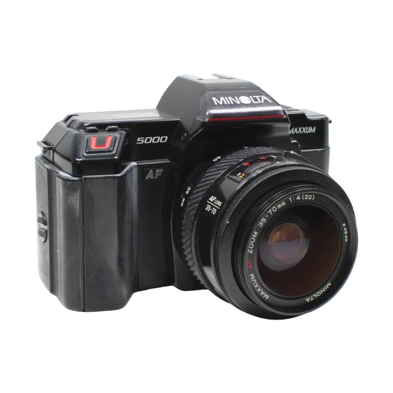 Minolta Maxxum 5000 black SLR film camera kit with AF Zoom lens and red U button at ClubCamera.com
